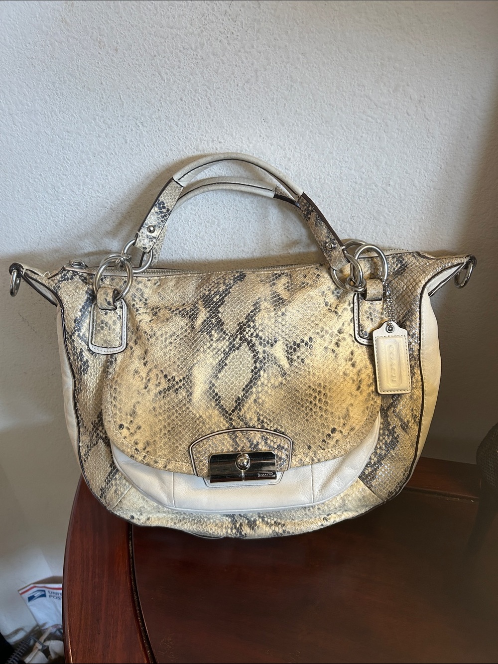 Coach White and Beige Snake-Print Leather Shoulder Bag